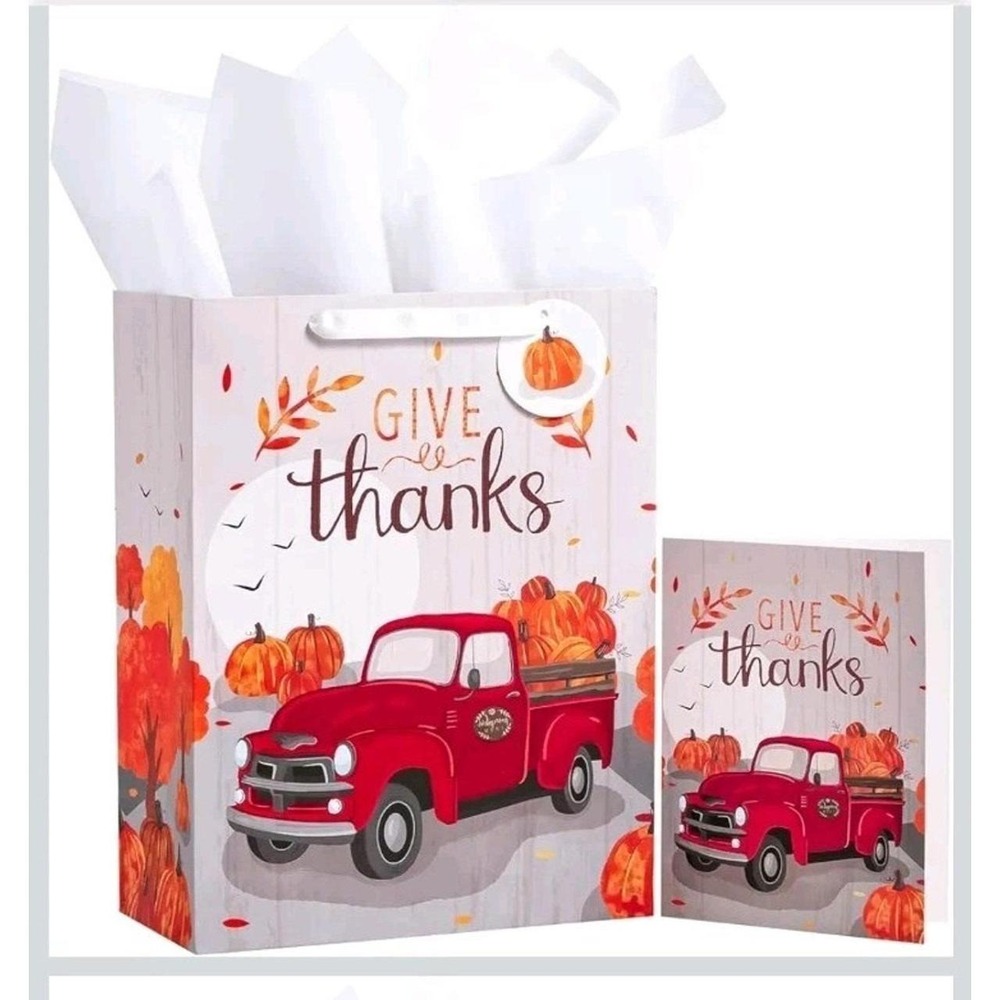 WRAPAHOLIC Large Thanksgiving Gift Bag Red Truck Pumpkins Card Tissue Paper 13in
